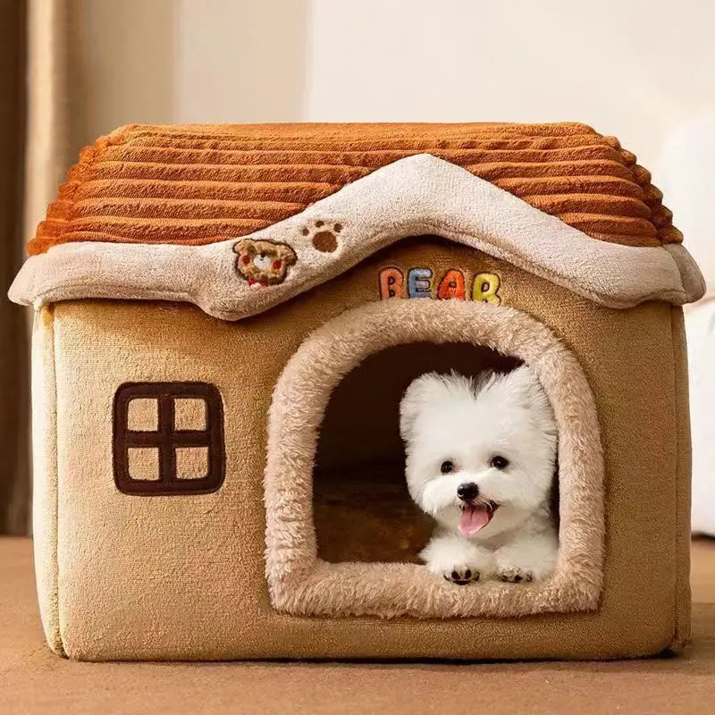 NNEOBA Foldable Soft Pet House And Bed Detachable Cave-Style Nest Brown NNEOBA