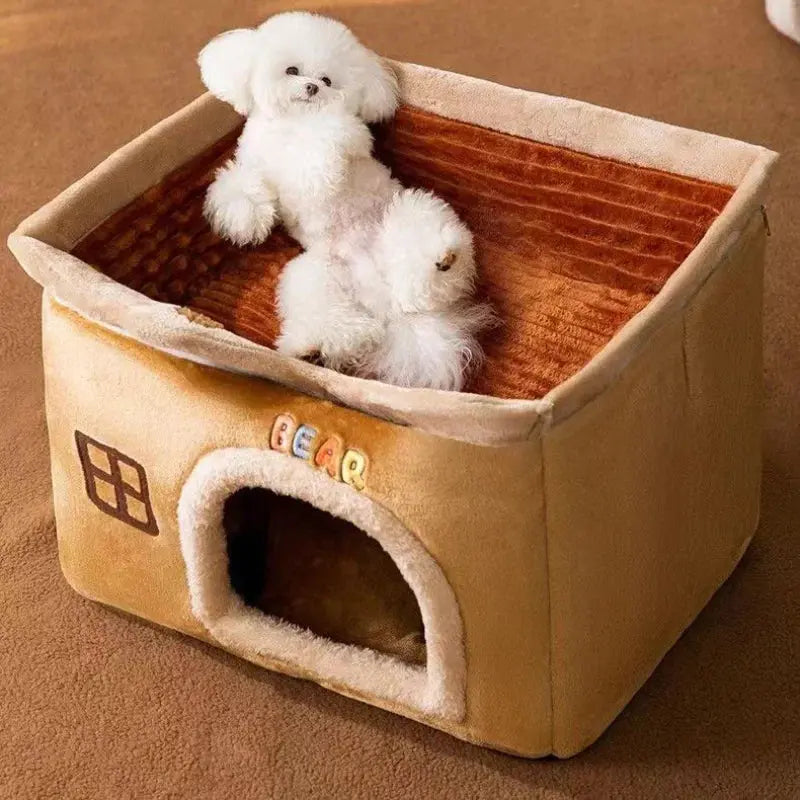NNEOBA Foldable Soft Pet House And Bed Detachable Cave-Style Nest Brown NNEOBA