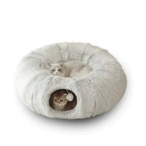 NNEDSZ Grey Luxury Plush Cat Bed with Hidden Tunnel - Soft Round Pet Bed for Cats and Small Dogs NNEDSZ