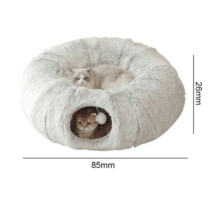 NNEDSZ Grey Luxury Plush Cat Bed with Hidden Tunnel - Soft Round Pet Bed for Cats and Small Dogs NNEDSZ
