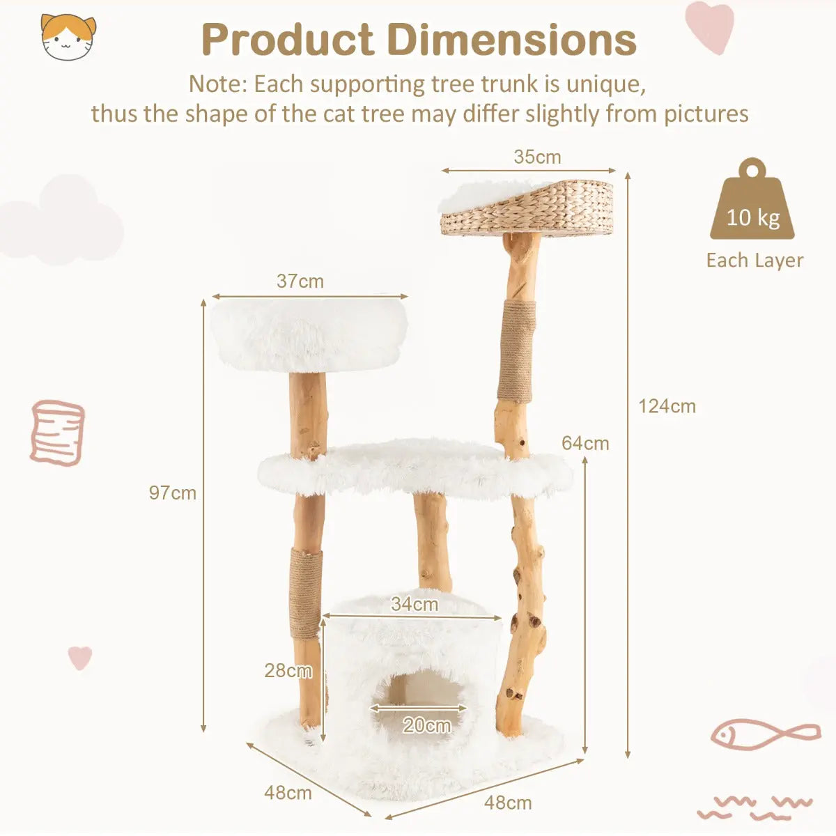 NNECW 124 CM Tall Wooden Cat Tree with Jute Scratching Posts For Pet NNECW