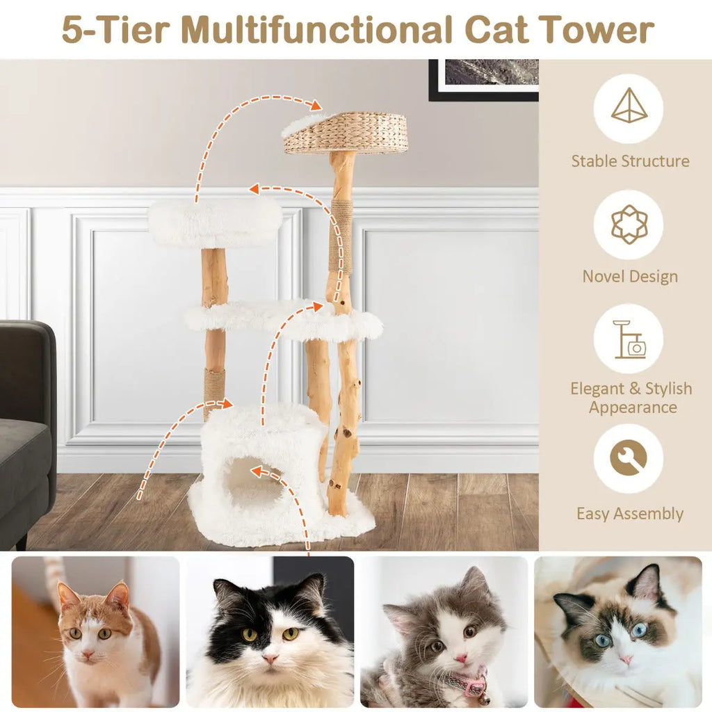 NNECW 124 CM Tall Wooden Cat Tree with Jute Scratching Posts For Pet NNECW