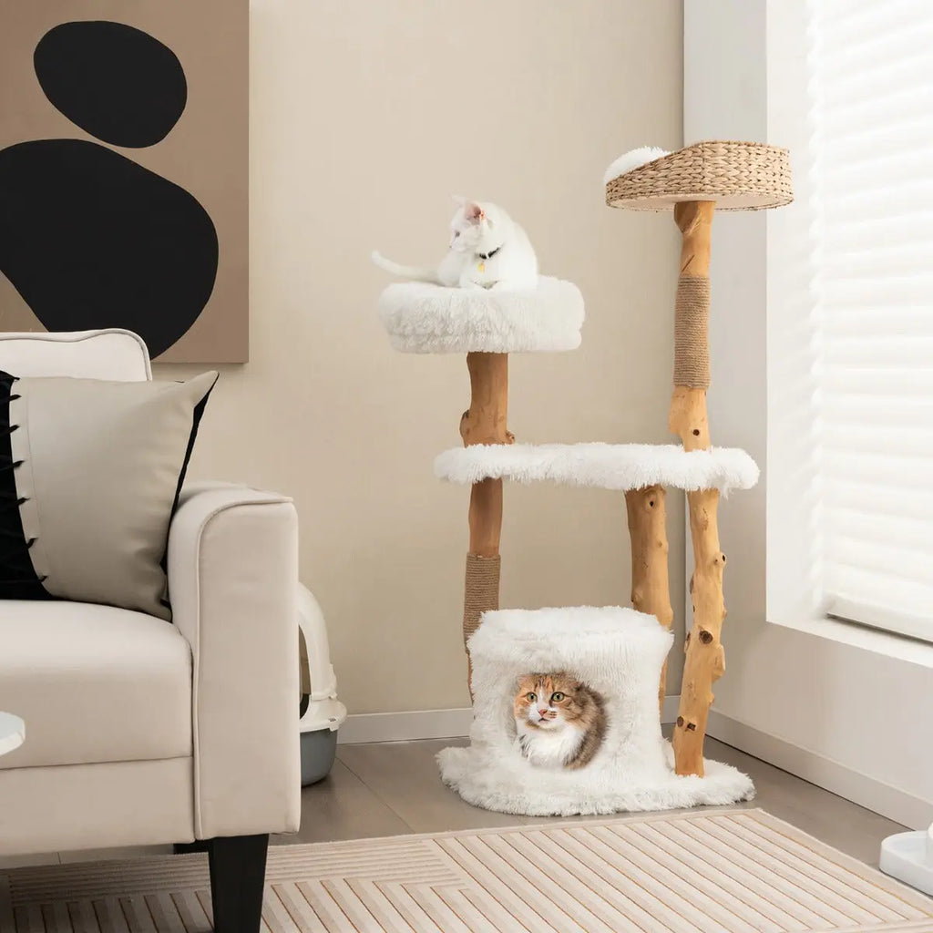 NNECW 124 CM Tall Wooden Cat Tree with Jute Scratching Posts For Pet NNECW