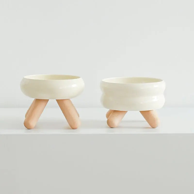 Elevated Ceramic Pet Bowl with Wooden Stand Meoof