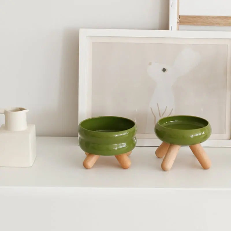 Elevated Ceramic Pet Bowl with Wooden Stand Meoof