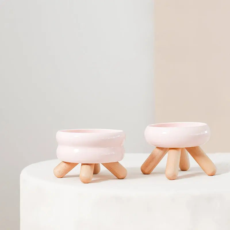 Elevated Ceramic Pet Bowl with Wooden Stand Meoof