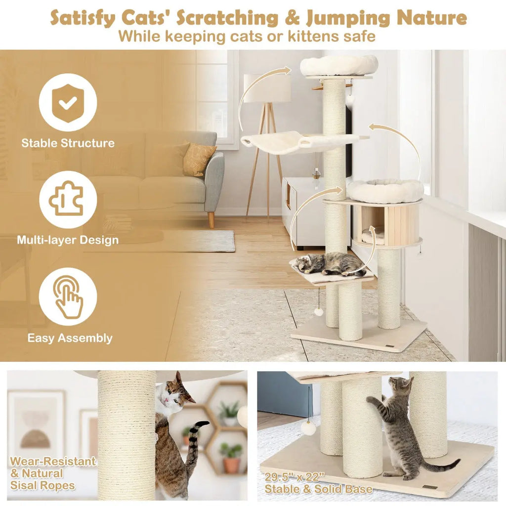 NNECW 4-Layer Solid Wood Cat Tree for Kitten & Adult Cat NNECW