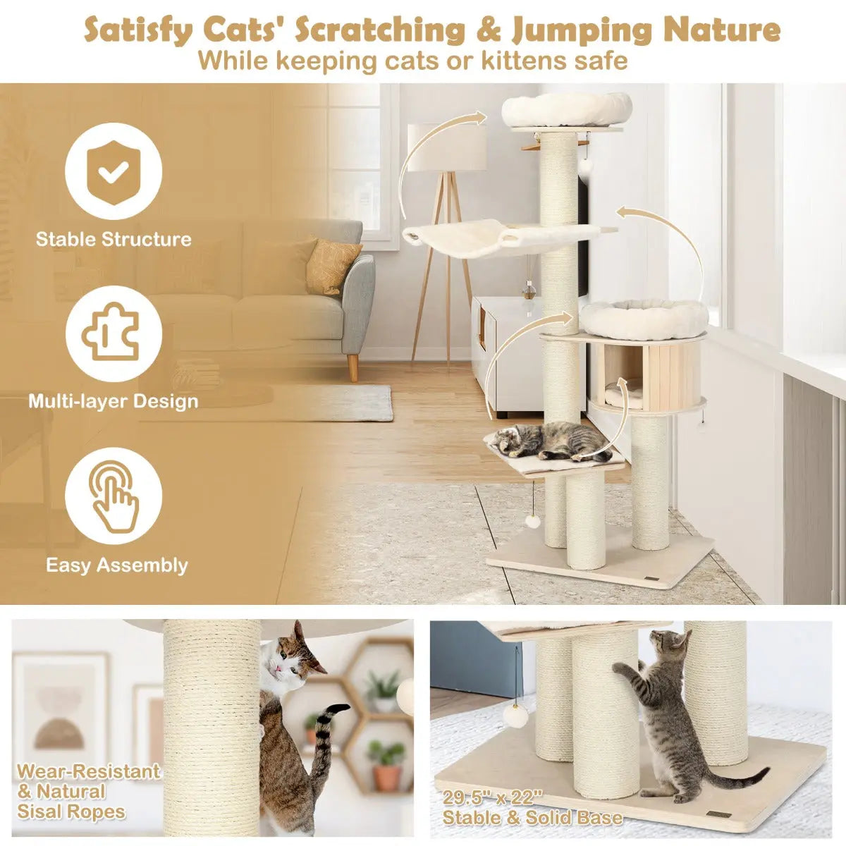 NNECW 4-Layer Solid Wood Cat Tree for Kitten & Adult Cat NNECW