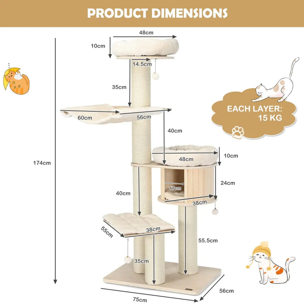 NNECW 4-Layer Solid Wood Cat Tree for Kitten & Adult Cat NNECW